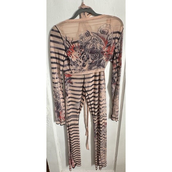 Sexy Sheer Two Piece Pants Set Striped Large Bodycon Tight Clubwear Nude Sailor - Picture 5 of 5